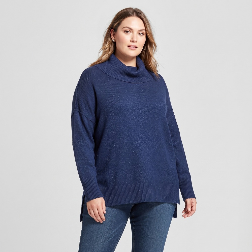 Terra & Sky Cowl Neck Sweater Womens 3X Blue NEW Recycled Knit Drop Shoulder